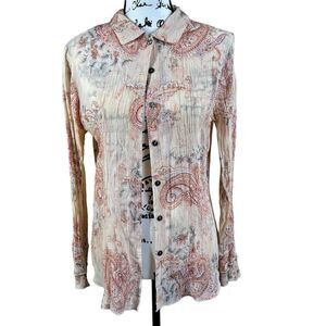 J. Jill top Peach Floral Paisley crinkle Semi Sheer Blouse Shirt Ruffle Sleeve S